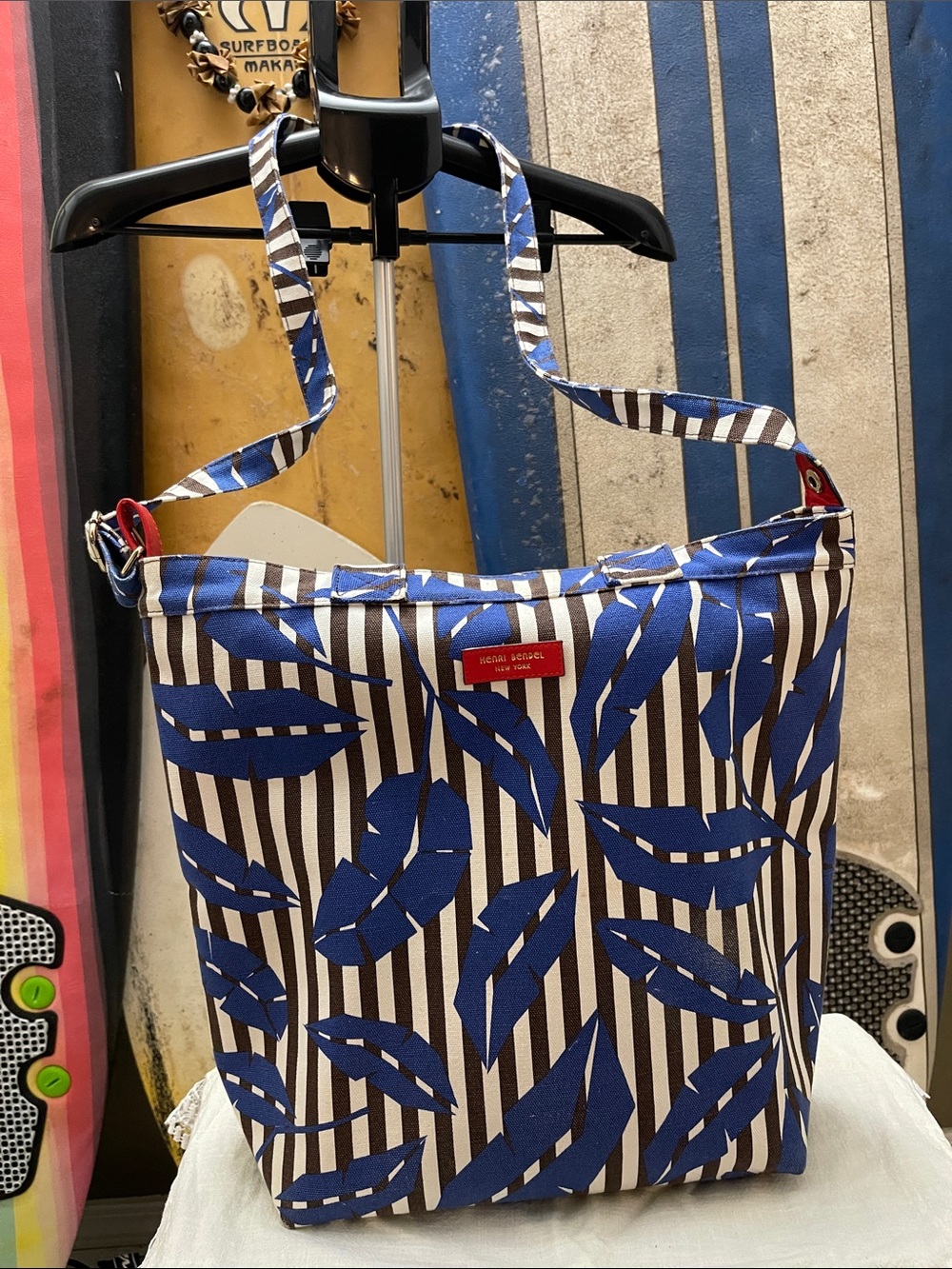 Henri Bendel Canvas Magazine Tote Stripe/Leaf Print